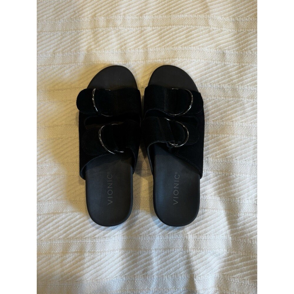 Vionic Women Black Suede Slide Sandals Silver Rings SAMPLE Size Unknown Comfort